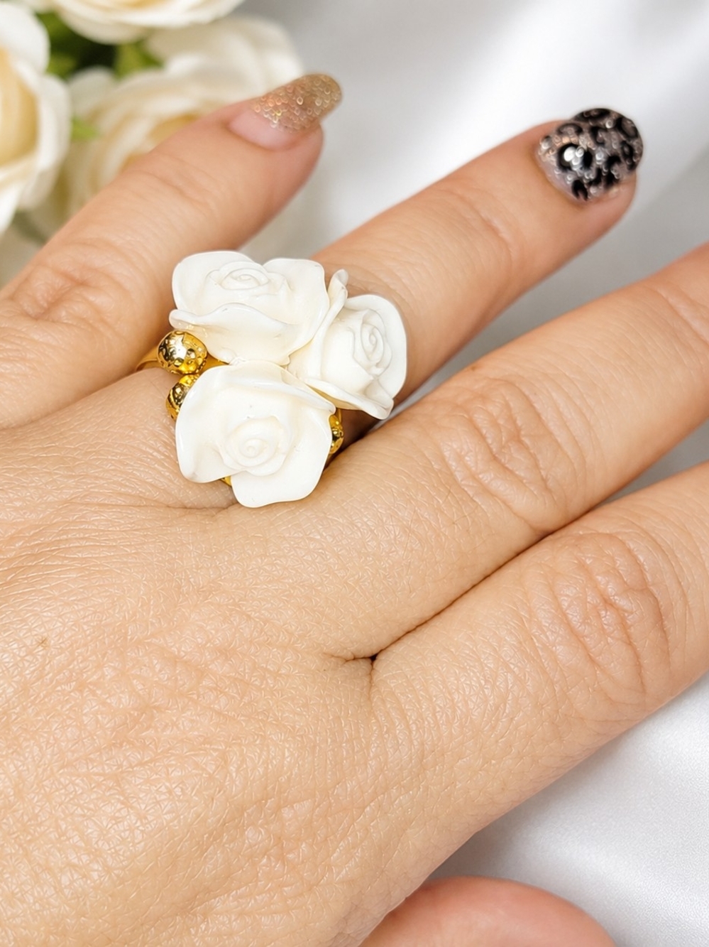 White Rose Ring Floral Resin Ring Gold Tone Cottagecore Flower Ring